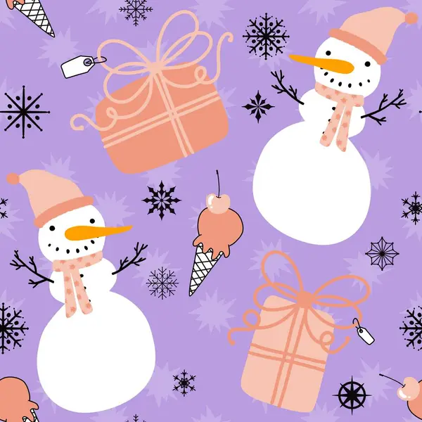 Cartoon winter ice seamless snowman and snowflakes pattern for wrapping paper and fabrics and linens and Christmas packaging and new year accessories. High quality illustration