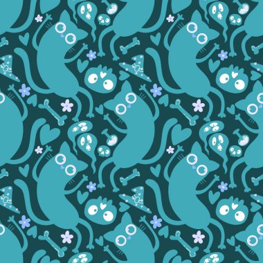 Cadılar Bayramı canavarları kağıt, kumaş ve çarşaf sarmak için kusursuz kedi desenleri ve çocuk giysileri baskısı ve şenlik ambalajı ve parti sonbahar aksesuarları. Yüksek kaliteli illüstrasyon