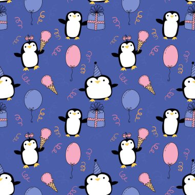 Doğum günü partisi hayvanları kağıt ve kumaş sarmak için kusursuz penguen desenleri ve çocukların giysi baskısı ve şenlik aksesuarları ve yaz baskısı ve hayvanat bahçesi ambalajı. Yüksek kaliteli illüstrasyon