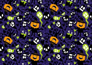 Cadılar Bayramı balkabakları kağıt, kumaş, çarşaf, çocuk giysisi baskısı, şenlik ambalajı ve sonbahar partisi aksesuarları için kusursuz canavar desenleri. Yüksek kaliteli illüstrasyon