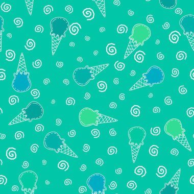 Karikatür yaz baskısı kağıtlar, kumaşlar, çarşaflar, çocuk giysileri, şenlikli ambalajlar ve parti aksesuarları için kusursuz dondurma deseni. Yüksek kaliteli illüstrasyon