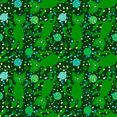 Çizgi filmlerdeki hayvan aksesuarları, dikişsiz kediler, iplik yumağı, kağıt, kumaş, çocuk giysisi baskısı, hayvanat bahçesi ambalajı ve evcil hayvan mağazası için balık kemiği desenleri. Yüksek kaliteli illüstrasyon