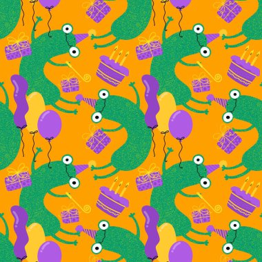 Çizgi filmlerdeki kusursuz kurbağa desenleri kağıt, kumaş, çarşaf, çocuk giysisi baskısı, şenlik ambalajı ve parti aksesuarları için. Yüksek kaliteli illüstrasyon