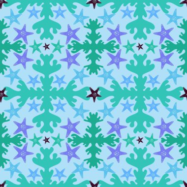 Çizgi film hayvanları kumaşlar ve çarşaflar için kusursuz denizyıldızı deseni ve ambalaj kağıdı ve yaz baskısı ve moda tekstili ve çocuk giyim tekstili. Yüksek kaliteli illüstrasyon