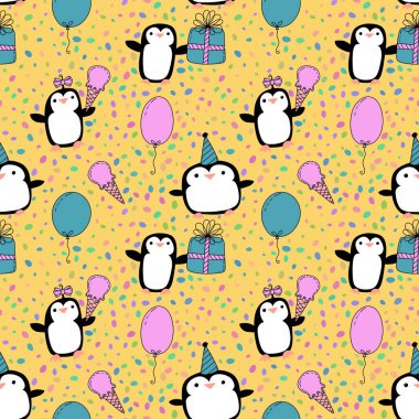 Doğum günü partisi hayvanları kağıt ve kumaş sarmak için kusursuz penguen desenleri ve çocukların giysi baskısı ve şenlik aksesuarları ve yaz baskısı ve hayvanat bahçesi ambalajı. Yüksek kaliteli illüstrasyon