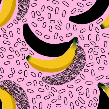 Kumaşlar ve çarşaflar, ambalaj kağıtları ve çocuklar için meyvesiz muz desenli yaz baskısı tekstil ve parti aksesuarları ve mağaza ambalajları. Yüksek kaliteli illüstrasyon