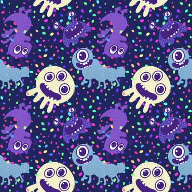 Cartoon monsters seamless emoticons aliens pattern for kids clothes print and wrapping paper and fabrics and linens and kindergarten. High quality illustration