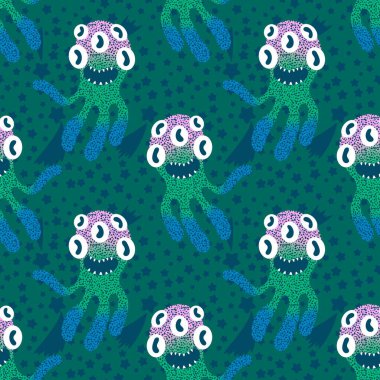 Cartoon monsters seamless emoticons aliens pattern for kids clothes print and wrapping paper and fabrics and linens and kindergarten. High quality illustration