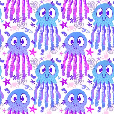 Yaz hayvanları ambalajsız ahtapot desenli ambalaj kağıdı ve çocuk kıyafetleri kumaşlar ve çarşaflar ve mayo tekstili ve menü kağıdı. Yüksek kaliteli illüstrasyon