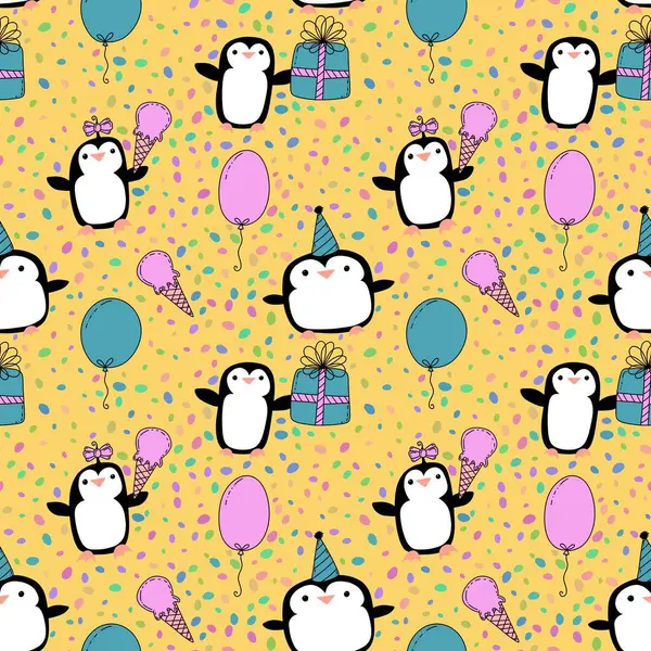 Verjaardagsfeestdieren Naadloos Pinguïn Patroon Voor Het Inpakken Van Papier Stoffen — Stockfoto