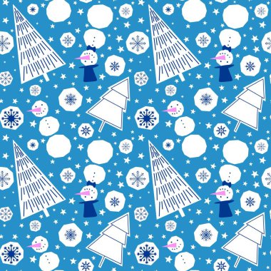 Çizgi filmlerdeki buz adam ve kar tanesi desenleri kağıt, kumaş, çarşaf, Noel ambalajı ve yeni yıl aksesuarları için. Yüksek kaliteli illüstrasyon