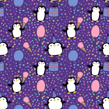Doğum günü partisi hayvanları kağıt ve kumaş sarmak için kusursuz penguen desenleri ve çocukların giysi baskısı ve şenlik aksesuarları ve yaz baskısı ve hayvanat bahçesi ambalajı. Yüksek kaliteli illüstrasyon