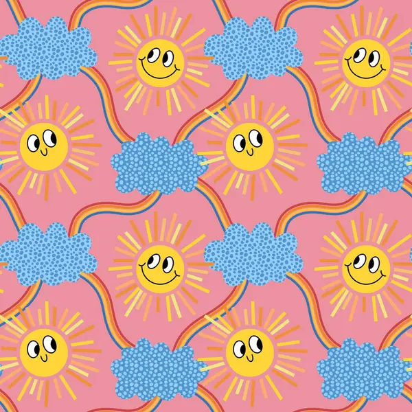 Summer cartoon weather seamless sun and clouds pattern for wrapping paper and fabrics and linens and kids clothes print and festive accessories and fashion textiles. High quality illustration