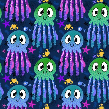 Yaz hayvanları ambalajsız ahtapot desenli ambalaj kağıdı ve çocuk kıyafetleri kumaşlar ve çarşaflar ve mayo tekstili ve menü kağıdı. Yüksek kaliteli illüstrasyon