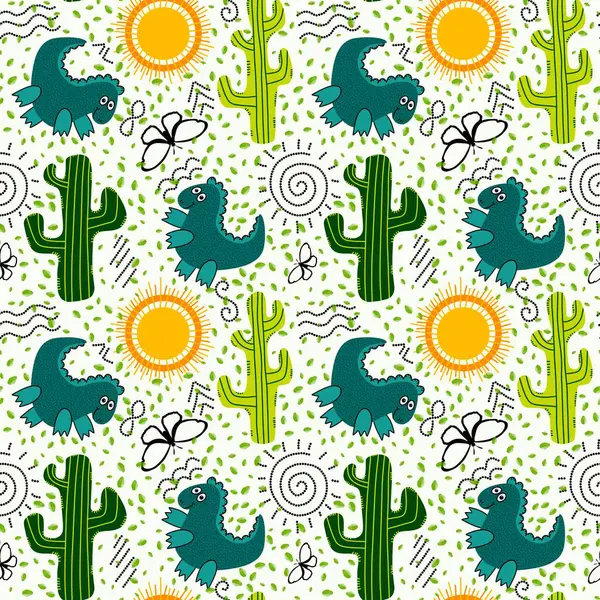 Summer desert seamless dinosaur animals cactus and sun pattern for wrapping paper and fabrics and linens and kids print and festive packaging and party accessories. High quality illustration