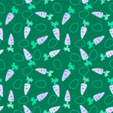 Paskalya karikatürü sebzesiz havuç desenli ambalajsız kağıt, kumaş, çarşaf ve çocuk giysileri baskısı ve parti aksesuarları ve bahar ambalajı ve tekstil. Yüksek kaliteli illüstrasyon