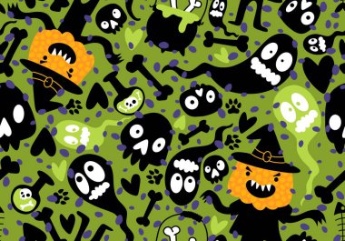 Cadılar Bayramı balkabakları kağıt, kumaş, çarşaf, çocuk giysisi baskısı, şenlik ambalajı ve sonbahar partisi aksesuarları için kusursuz canavar desenleri. Yüksek kaliteli illüstrasyon