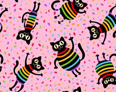 Çizgi filmdeki siyah kediler, kağıt, kumaş, çarşaf ve giysi tekstil ürünleri, gurur verici parti aksesuarları ve yaz baskıları için kusursuz gökkuşağı çizgileri deseni. Yüksek kaliteli illüstrasyon