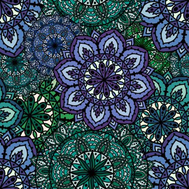 Kumaşlar ve çarşaflar, ambalajlar, moda tekstil ürünleri, parti aksesuarları, şenlik ambalajları ve çocuk baskıları için soyut geometrik dikişsiz mandala deseni. Yüksek kaliteli illüstrasyon