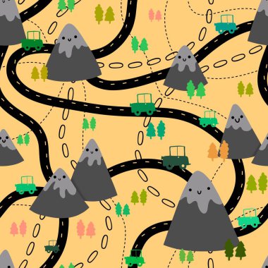 Karikatür dağları, ambalaj kağıdı, kumaş ve çocuk giysisi baskısı, şenlikli ambalajlar, spor aksesuarları ve seyahat tekstili için kusursuz meslek düzeni. Yüksek kaliteli illüstrasyon