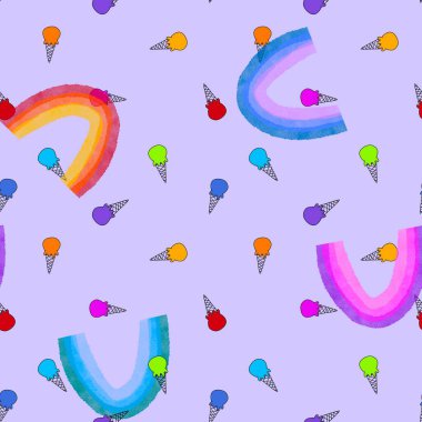 Karikatür suluboya boya kusursuz gökkuşağı ve dondurma desenleri ambalaj kağıdı, kumaş, çarşaf ve çocuk giysileri baskısı ve şenlikli paketleme ve parti aksesuarları için. Yüksek kaliteli illüstrasyon