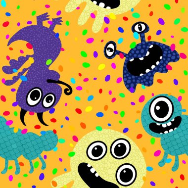 Cartoon monsters seamless emoticons aliens pattern for kids clothes print and wrapping paper and fabrics and linens and kindergarten. High quality illustration