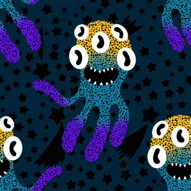 Cartoon monsters seamless emoticons aliens pattern for kids clothes print and wrapping paper and fabrics and linens and kindergarten. High quality illustration