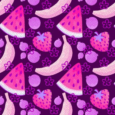 Çizgi film karalaması tatlı meyvesiz muz ve çilek ve karpuz ve yaban mersini deseni yaz baskısı ve ambalaj kağıdı ve kumaşlar ve çocuklar için tekstil ve menü. Yüksek kaliteli illüstrasyon