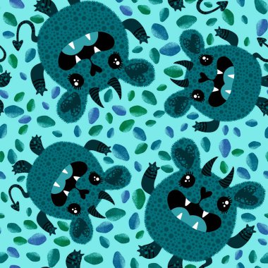 Cadılar Bayramı canavarları boynuzsuz ayı desenli kağıt, kumaş, çarşaf, çocuk giysisi baskısı, festival ambalajı ve parti aksesuarları. Yüksek kaliteli illüstrasyon