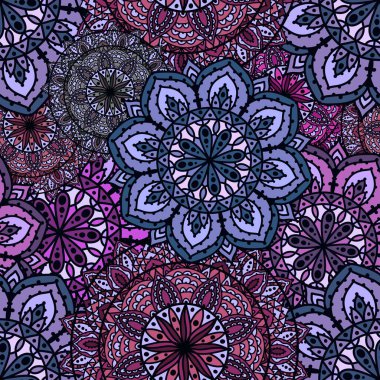 Kumaşlar ve çarşaflar, ambalajlar, moda tekstil ürünleri, parti aksesuarları, şenlik ambalajları ve çocuk baskıları için soyut geometrik dikişsiz mandala deseni. Yüksek kaliteli illüstrasyon