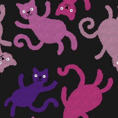 Cadılar Bayramı hayvanları kağıt, kumaş ve çocuk giysileri, aksesuar ve sonbahar tekstil ürünleri ve ev yapımı dekorlar için kusursuz suluboya kediler deseni. Yüksek kaliteli illüstrasyon