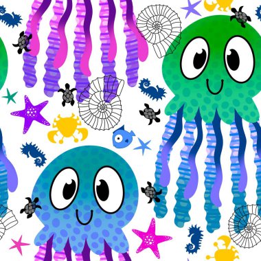 Yaz hayvanları ambalajsız ahtapot desenli ambalaj kağıdı ve çocuk kıyafetleri kumaşlar ve çarşaflar ve mayo tekstili ve menü kağıdı. Yüksek kaliteli illüstrasyon