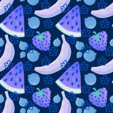 Çizgi film karalaması tatlı meyvesiz muz ve çilek ve karpuz ve yaban mersini deseni yaz baskısı ve ambalaj kağıdı ve kumaşlar ve çocuklar için tekstil ve menü. Yüksek kaliteli illüstrasyon