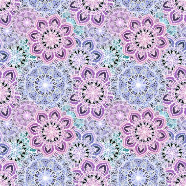 Kumaşlar ve çarşaflar, ambalajlar, moda tekstil ürünleri, parti aksesuarları, şenlik ambalajları ve çocuk baskıları için soyut geometrik dikişsiz mandala deseni. Yüksek kaliteli illüstrasyon