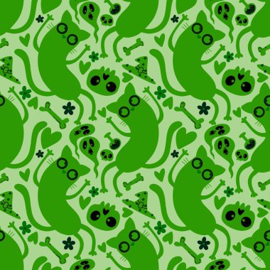 Cadılar Bayramı canavarları kağıt, kumaş ve çarşaf sarmak için kusursuz kedi desenleri ve çocuk giysileri baskısı ve şenlik ambalajı ve parti sonbahar aksesuarları. Yüksek kaliteli illüstrasyon