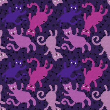 Cadılar Bayramı hayvanları kağıt, kumaş ve çocuk giysileri, aksesuar ve sonbahar tekstil ürünleri ve ev yapımı dekorlar için kusursuz suluboya kediler deseni. Yüksek kaliteli illüstrasyon