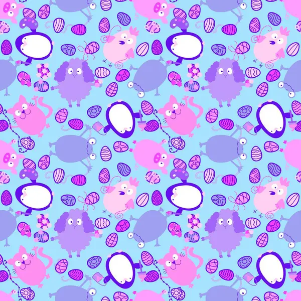 Easter animals and eggs seamless penguin and cats and frogs and chicken and sheep and pig pattern for wrapping paper and fabrics and kids print and spring accessories. High quality illustration