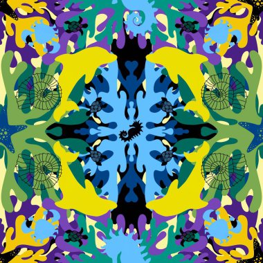 Çizgi film hayvanları, deniz yıldızları, kaplumbağalar, kabuklar, yengeçler, ahtapot desenleri kumaşlar, ambalaj kağıtları, yaz baskıları, moda tekstilleri ve çocuklar. Yüksek kaliteli illüstrasyon