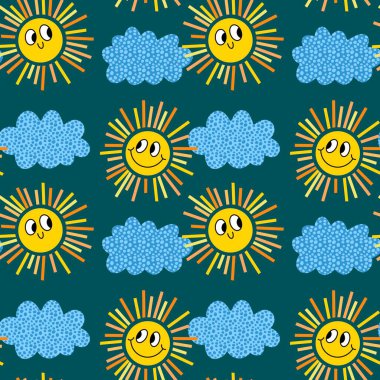 Yaz karikatürlerinde hava açık ve bulutlu. Kağıt, kumaş, çarşaf, çocuk giysisi baskısı, şenlik aksesuarları ve moda tekstili. Yüksek kaliteli illüstrasyon