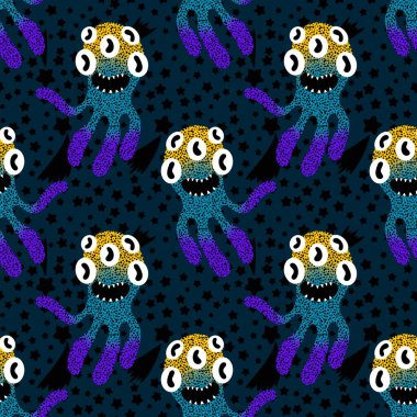 Cartoon monsters seamless emoticons aliens pattern for kids clothes print and wrapping paper and fabrics and linens and kindergarten. High quality illustration