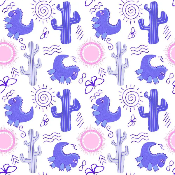 Summer desert seamless dinosaur animals cactus and sun pattern for wrapping paper and fabrics and linens and kids print and festive packaging and party accessories. High quality illustration