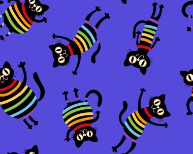 Çizgi filmdeki siyah kediler, kağıt, kumaş, çarşaf ve giysi tekstil ürünleri, gurur verici parti aksesuarları ve yaz baskıları için kusursuz gökkuşağı çizgileri deseni. Yüksek kaliteli illüstrasyon