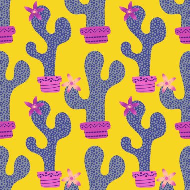 Kağıt, kumaş, çarşaf, tatil aksesuarları ve çocuk giysileri baskısı ve mayo tekstili için yaz çiçeksiz kaktüs deseni. Yüksek kaliteli illüstrasyon