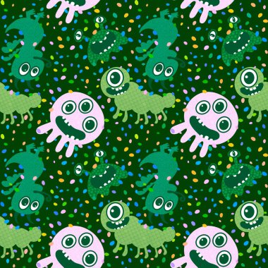 Cartoon monsters seamless emoticons aliens pattern for kids clothes print and wrapping paper and fabrics and linens and kindergarten. High quality illustration