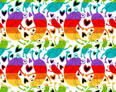 Çizgi film yaz baskısı gökkuşağı lgbt kurbağaları kusursuz gurur hayvan desenleri kağıt, kumaş, çarşaf, giysi tekstil ve parti aksesuarları. Yüksek kaliteli illüstrasyon