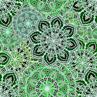 Kumaşlar ve çarşaflar, ambalajlar, moda tekstil ürünleri, parti aksesuarları, şenlik ambalajları ve çocuk baskıları için soyut geometrik dikişsiz mandala deseni. Yüksek kaliteli illüstrasyon