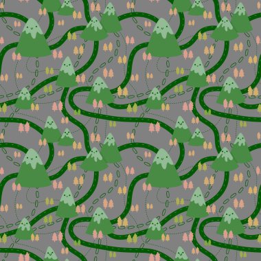 Karikatür dağları, ambalaj kağıdı, kumaş ve çocuk giysisi baskısı, şenlikli ambalajlar, spor aksesuarları ve seyahat tekstili için kusursuz meslek düzeni. Yüksek kaliteli illüstrasyon