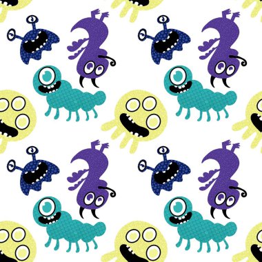Cartoon monsters seamless emoticons aliens pattern for kids clothes print and wrapping paper and fabrics and linens and kindergarten. High quality illustration