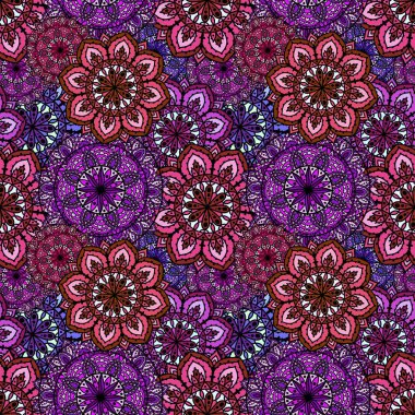 Kumaşlar ve çarşaflar, ambalajlar, moda tekstil ürünleri, parti aksesuarları, şenlik ambalajları ve çocuk baskıları için soyut geometrik dikişsiz mandala deseni. Yüksek kaliteli illüstrasyon