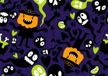 Cadılar Bayramı balkabakları kağıt, kumaş, çarşaf, çocuk giysisi baskısı, şenlik ambalajı ve sonbahar partisi aksesuarları için kusursuz canavar desenleri. Yüksek kaliteli illüstrasyon